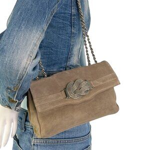 Russel & Bromley London Taupe Brown Suede Leather Flap Bag Chain Strap Mesh Knot